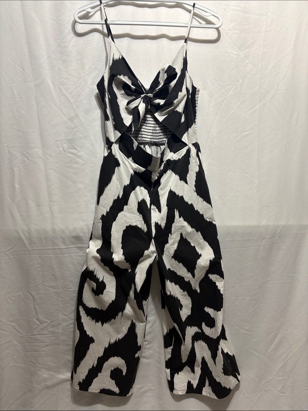 Express Black & White Tie-Front Wide-Leg Jumpsuit with Cutout Back